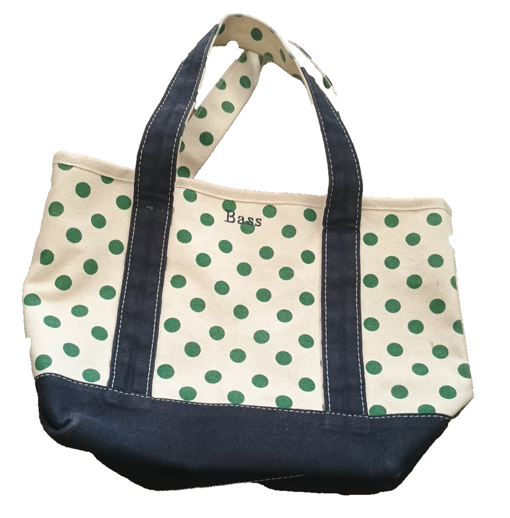 Vtg Bass Sturdy Canvas Ivory w Green dots Black Handles Tote Bag wide Bottom GUC